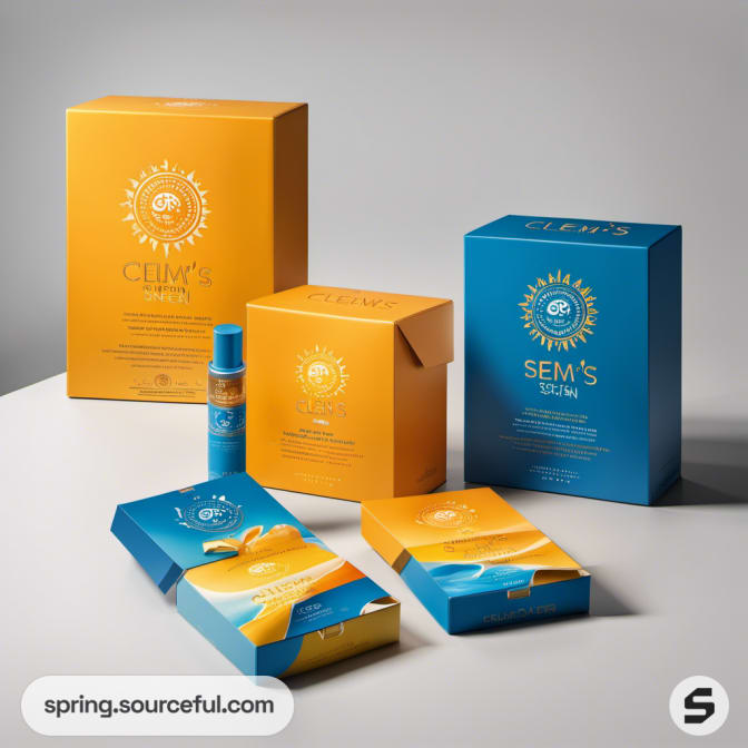 Various skincare packaging in orange and blue boxes.