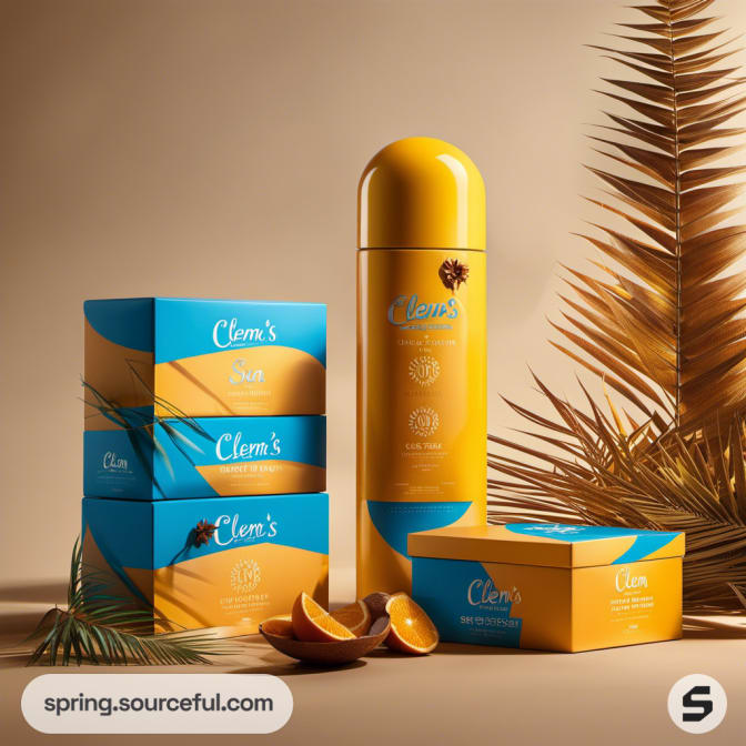 Yellow cylindrical bottle with blue and yellow boxes.