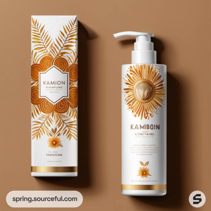 White pump bottle with a floral design and box packaging.