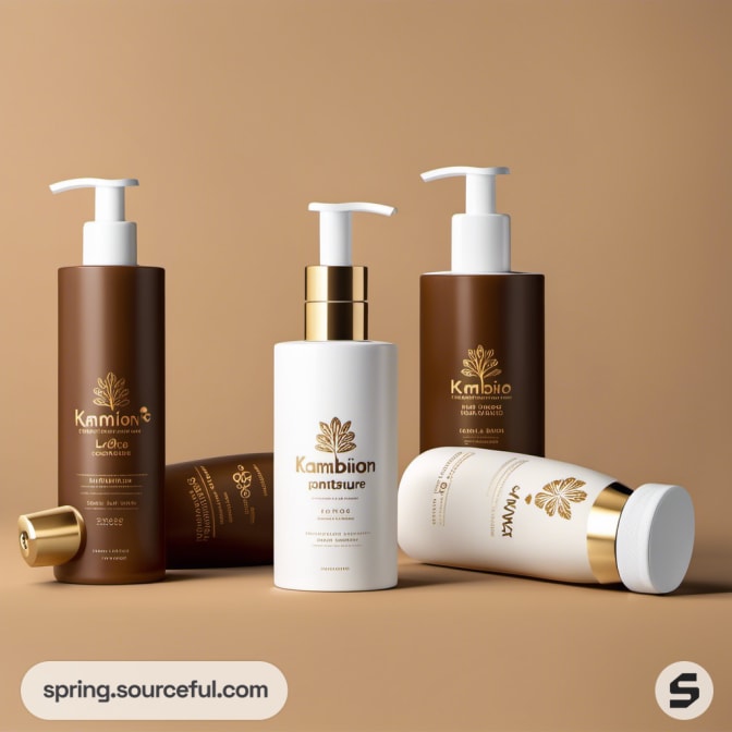 Brown and white pump bottles with gold accents on brown background.