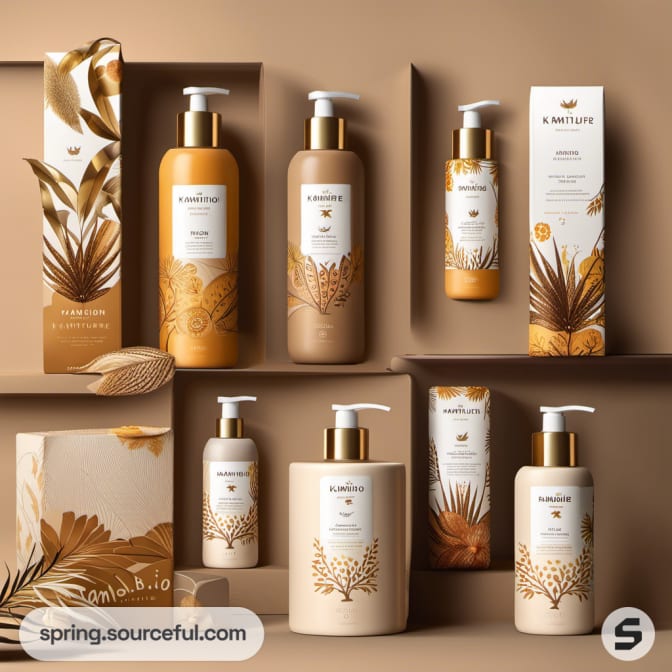 Various pump bottles with orange and leaf design on display.