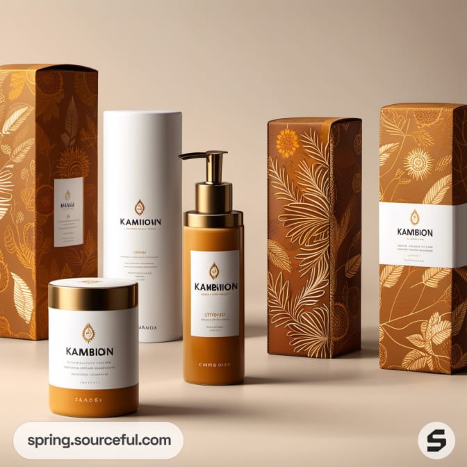 Pump bottle with decorative boxes in orange and white on beige background.