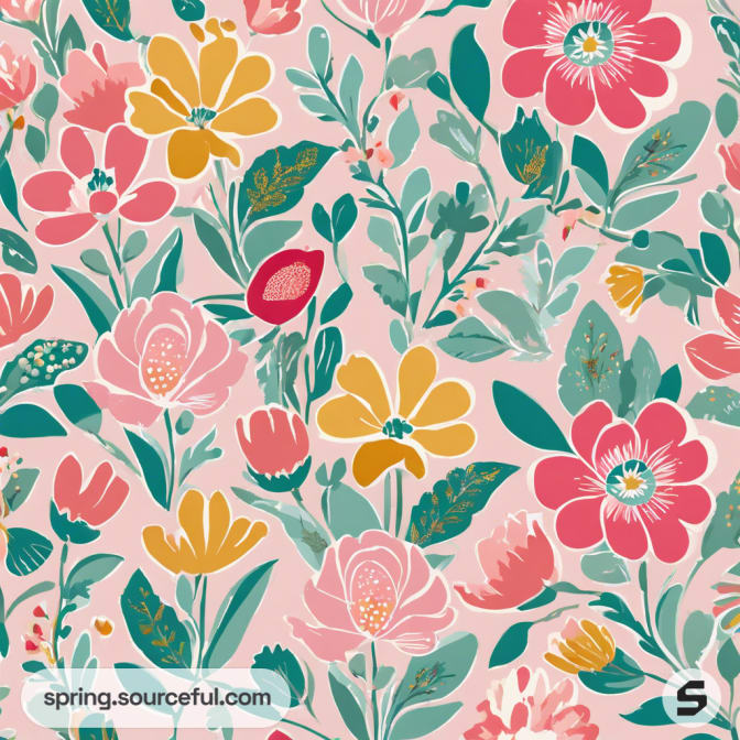 Colorful floral pattern with pink, yellow, and teal flowers on a light background.