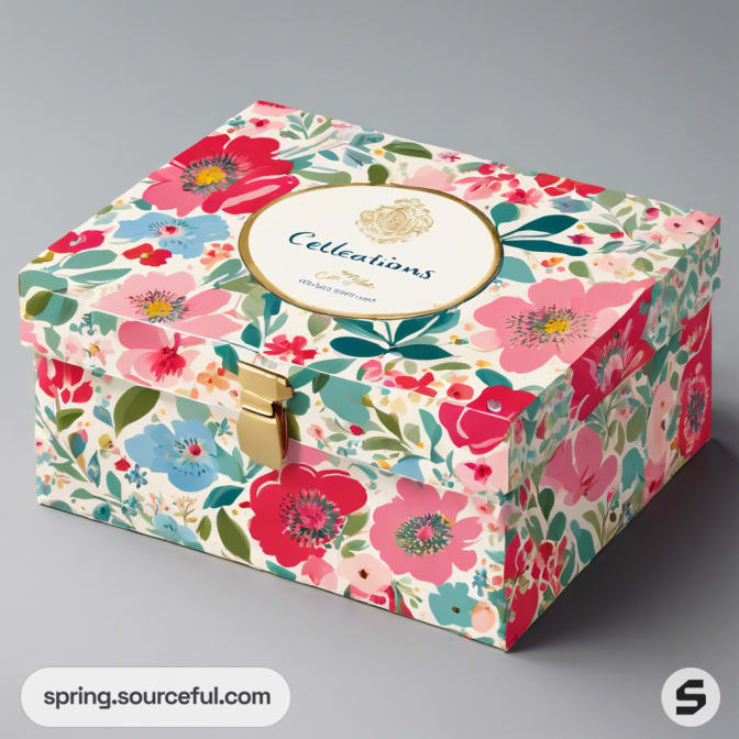 Floral printed rectangular box with flowers in pink, red, yellow, and green. Gold latch detail.