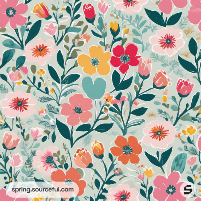 Floral pattern with colorful blooms and green leaves on a pale teal background.