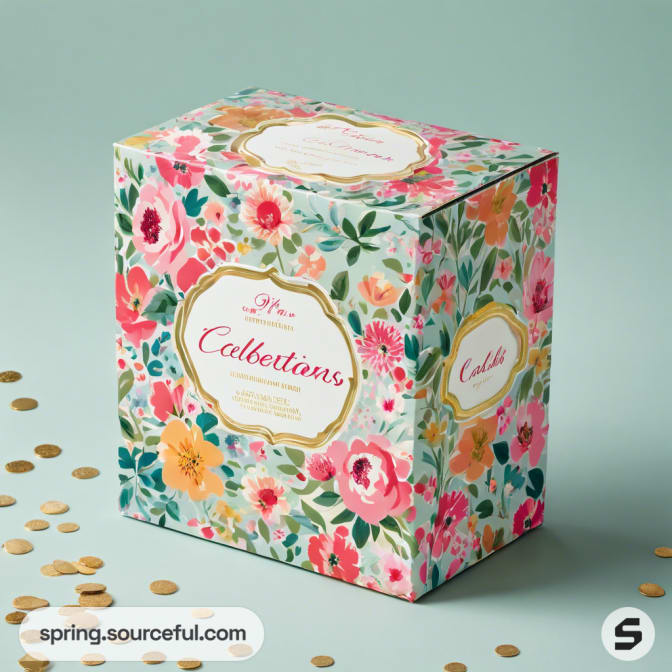 Square floral box with vibrant patterns of red, pink, and yellow flowers. Label on the side.