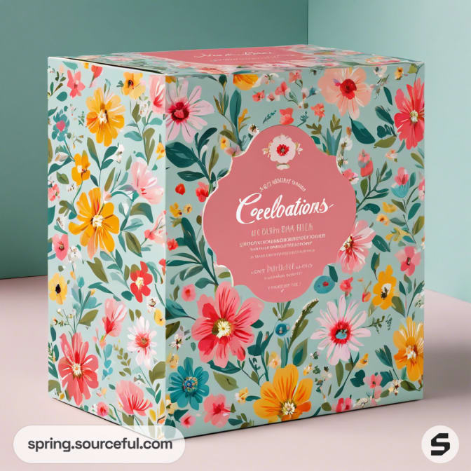 Floral printed box with colorful flowers and pink label, intricate floral design.