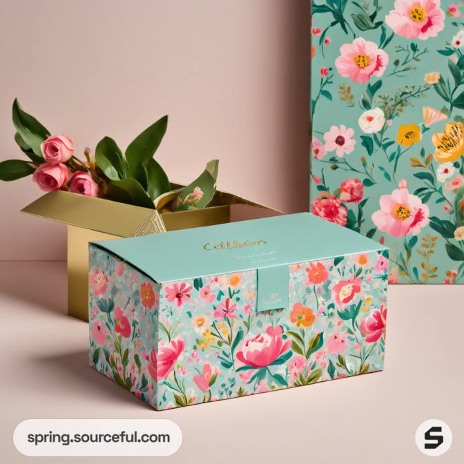Cuboid floral box with pink and green flowers, golden box in background with pink roses.