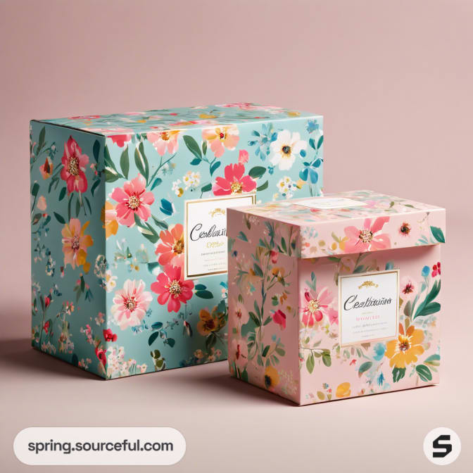 Two floral boxes with colorful patterns; one larger in teal and smaller in muted pink.
