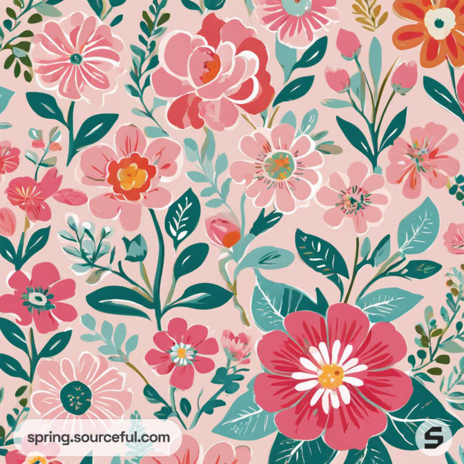 Colorful floral pattern with pink and red blooms on a pale background.