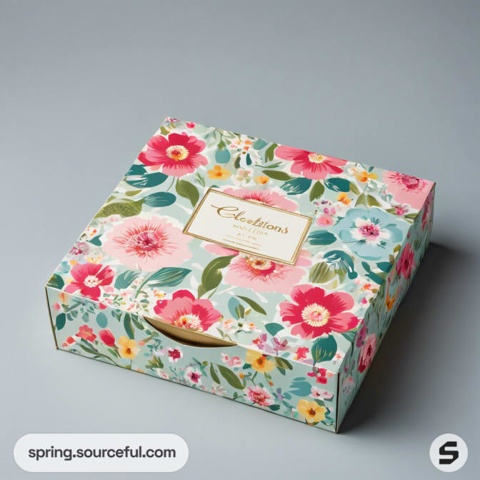 Flat rectangular floral box with bright pink flowers and a beige background.