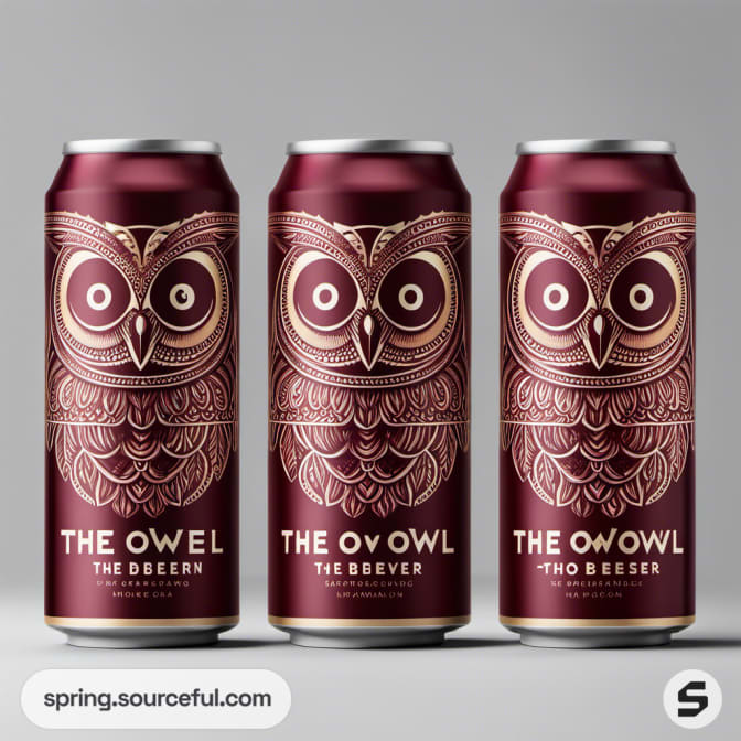 Dark red beer cans with owl illustrations and 'The Owol' branding.