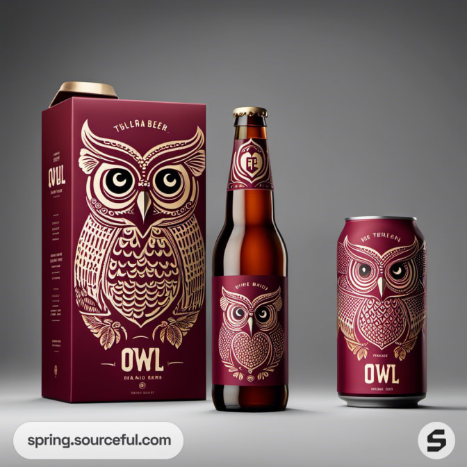 Owl-themed beer packaging including bottle, can, and box.