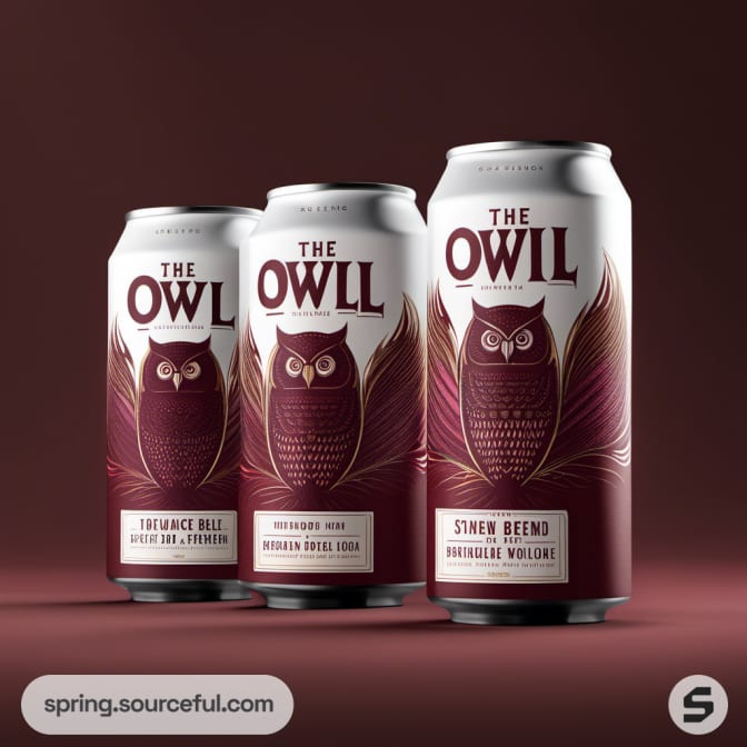 White and red beer cans with owl designs, labeled 'The Owll'.