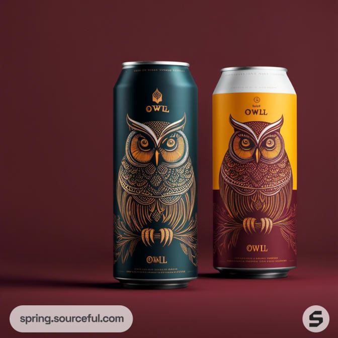 Two owl-themed tall beer cans in dark and yellow tones.