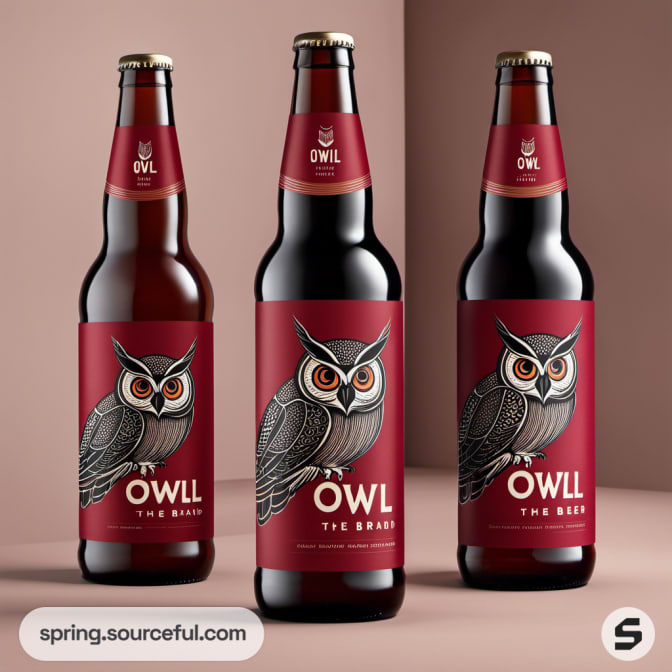 Three red beer bottles with owl graphics, labeled 'Owl The Beer'.