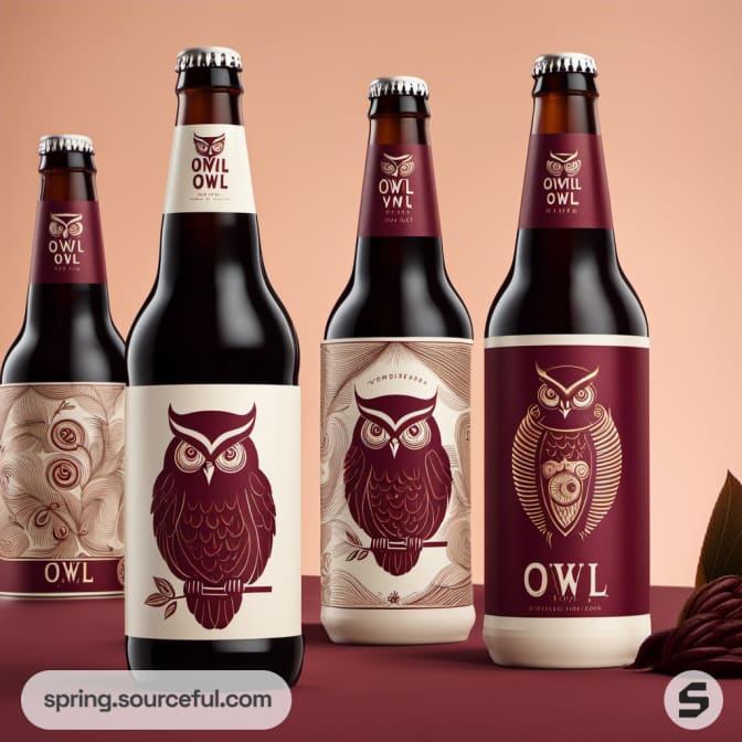 Four beer bottles with owl artwork and variety of label designs.