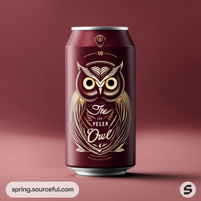 Single dark red beer can with intricate owl design.
