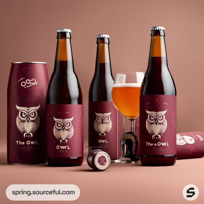 Assorted beer bottles with owl labels, shown with a glass of beer.