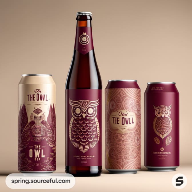 Mix of owl-themed beer cans and bottle on beige background.
