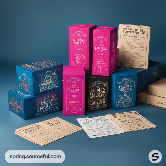 Colorful murder mystery game boxes from various angles on a blue background.