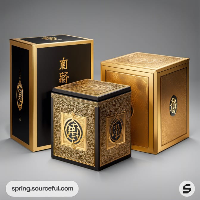 Black and gold ornate boxes with Asian design accents.