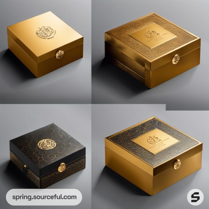 Four square gold and black boxes with embossed designs.