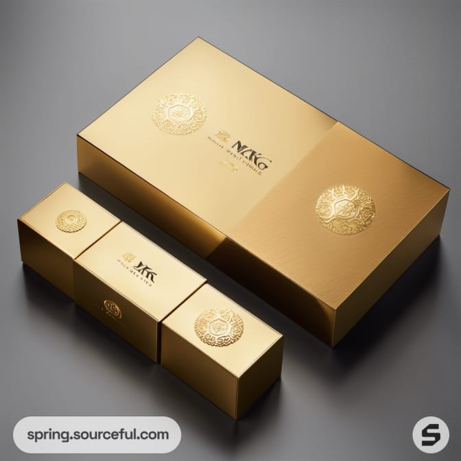 Gold rectangular boxes with intricate patterns and logos.
