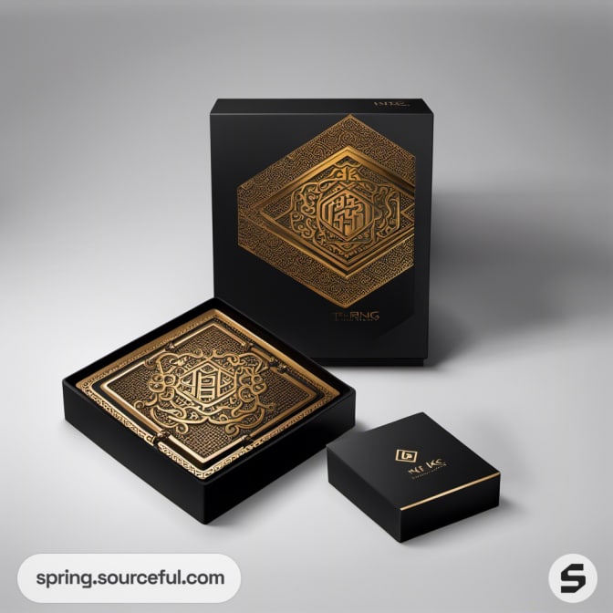 Black square box with gold decorative design and smaller box.