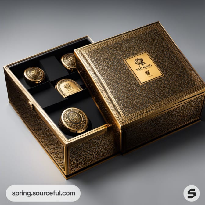Gold box set with ornate pattern and multiple round containers.