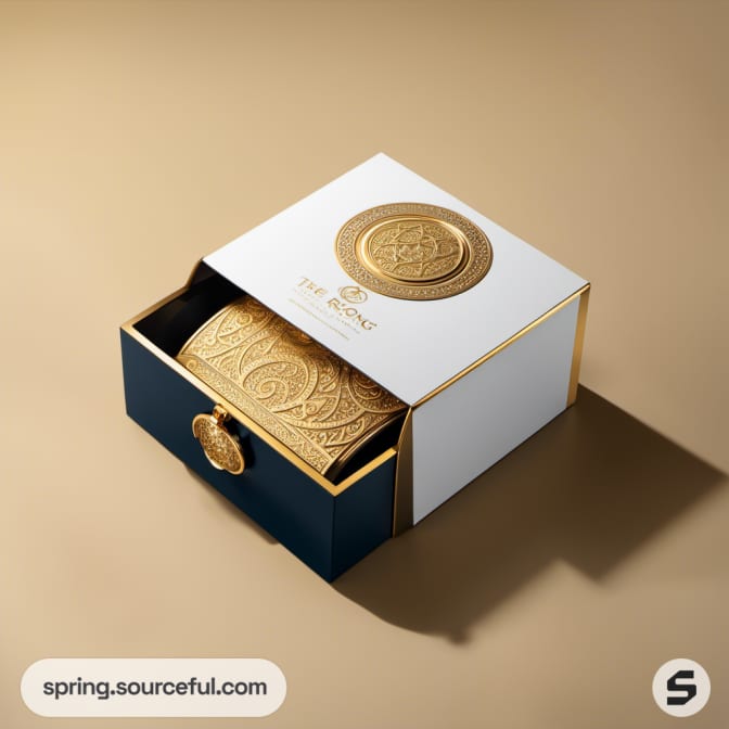 White and black drawer box with gold ornate insert.