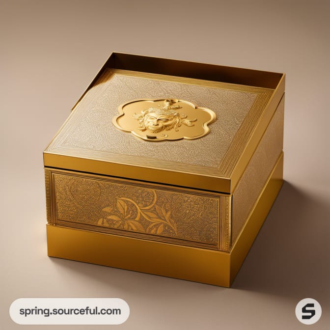 Gold box with floral pattern and embossed lid design.