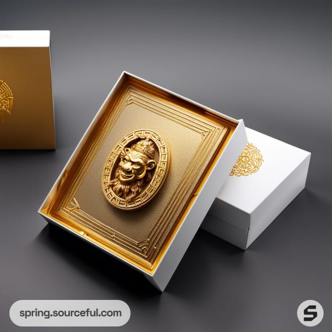 White and gold box with detailed embossed design and insert.