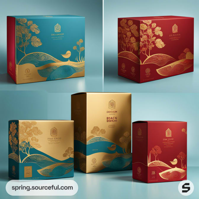 Luxurious packaging with gold and teal designs on red and teal boxes showcasing nature-inspired motifs.