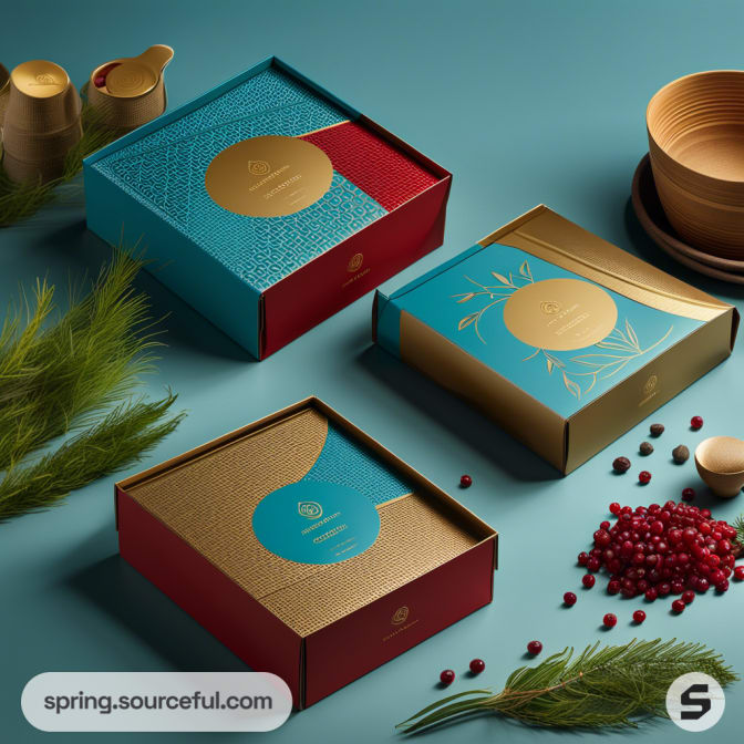 Decorative gift boxes in teal and red with gold accents on a blue surface, surrounded by berries and plants.