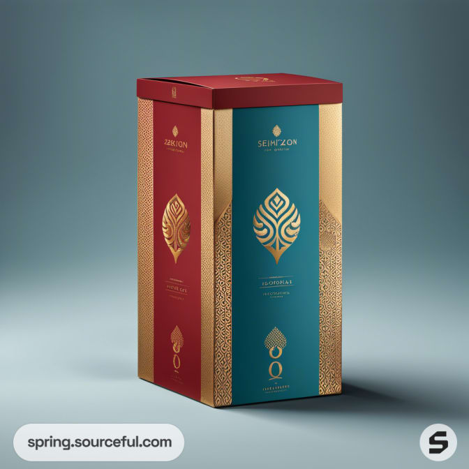 Tall rectangular box with red, teal, and gold colors, featuring decorative patterns and designs.