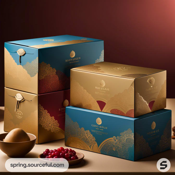 Luxurious gold and blue ornate gift boxes with embossed designs and elegant motifs, set against a warm background.