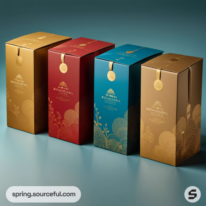 Set of four luxury gift boxes in gold, red, and teal with intricate designs, standing on a glossy surface.