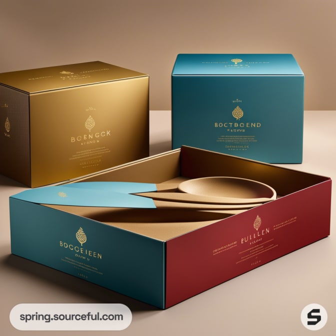 Elegant gift boxes in blue, gold, and red with wooden kitchen utensils inside.