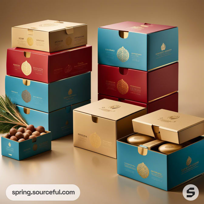 Stacked gift boxes in red, blue, and gold with a small open box of macadamia nuts beside them.