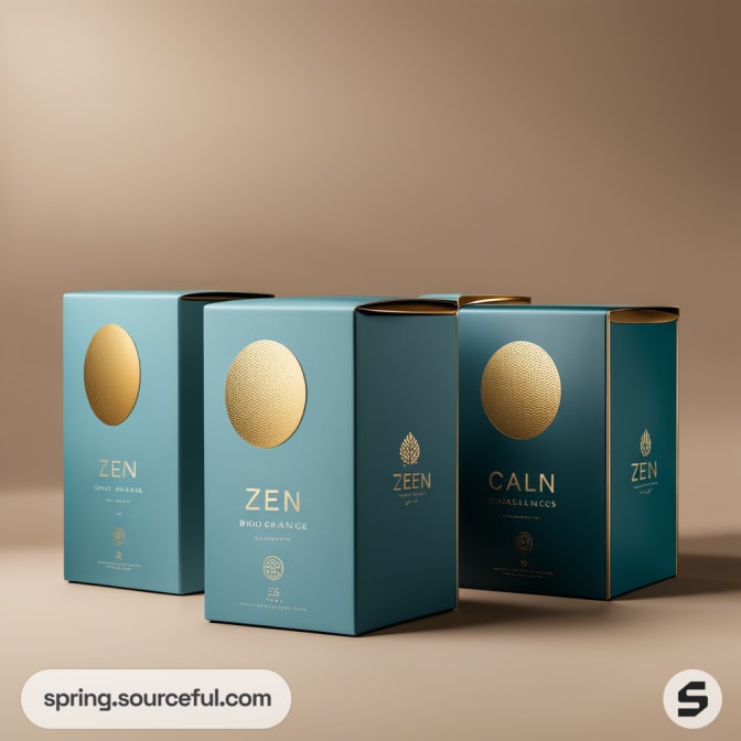 Luxury blue boxes with gold accents, labeled 'ZEN' and 'CALM', against a soft beige background.