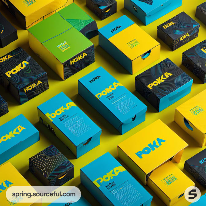 Colorful shoe boxes in green, blue, and yellow tones arranged on a yellow background.