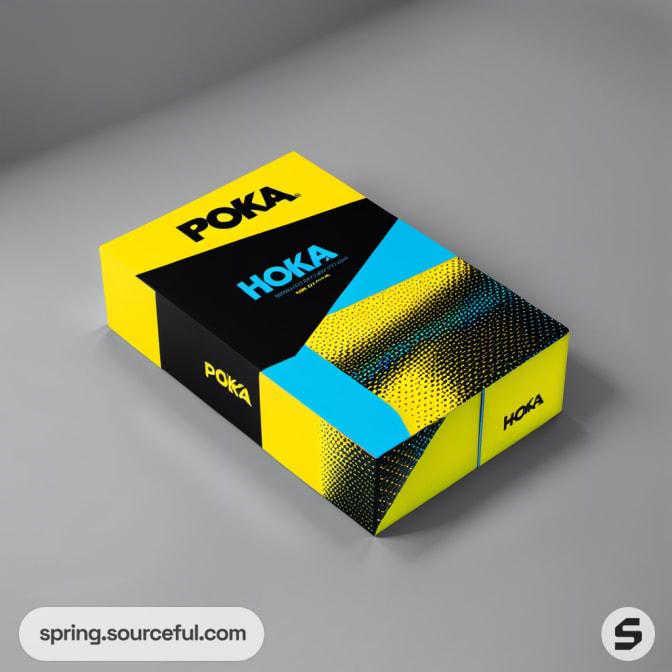 Yellow and black packaging box with blue accents and abstract design.