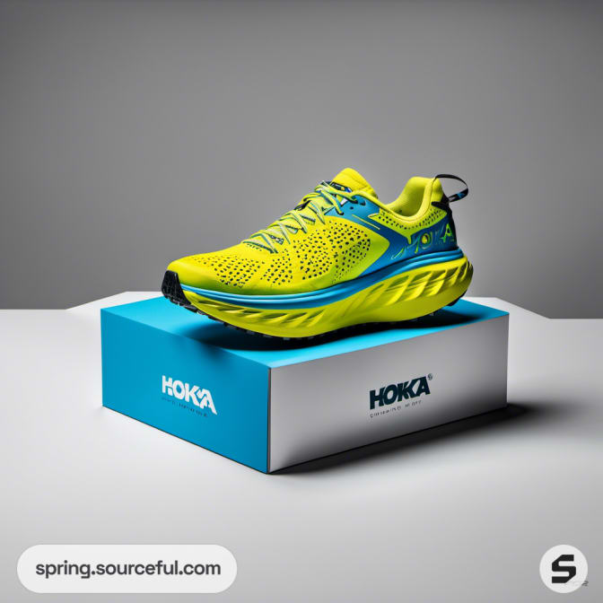 Neon green and blue running shoe on a blue and white box.