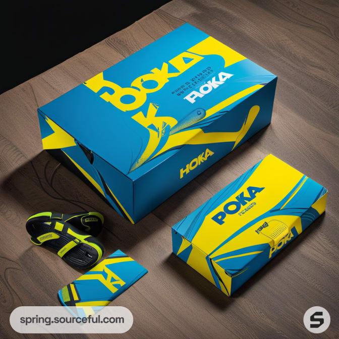 Blue and yellow shoe packaging with graphic design on wooden surface.