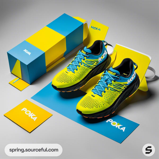 Two yellow and blue shoes displayed with matching packaging.