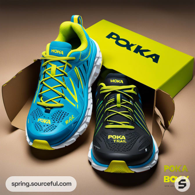 Blue and yellow shoes in an open brown box with branding.