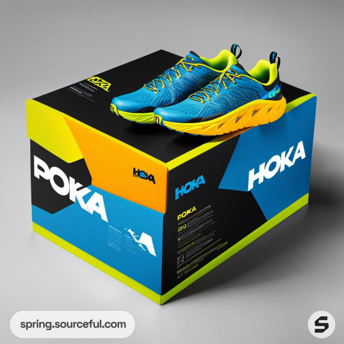 Blue running shoes on a colorful packaging box with geometric design.