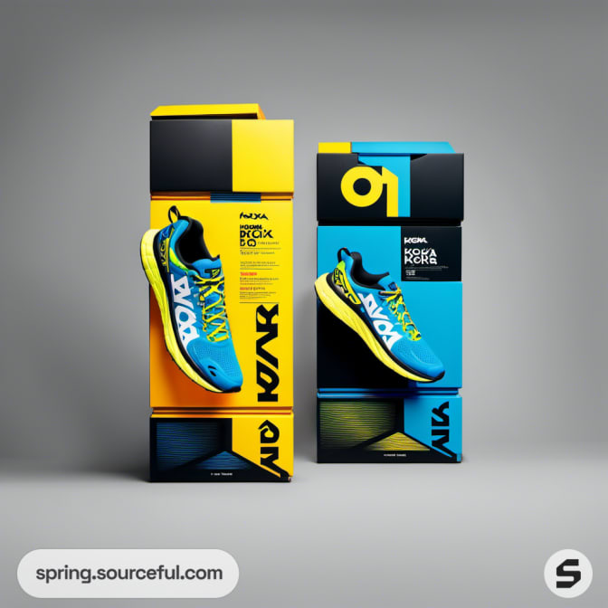 Tall boxes with yellow and blue shoes in abstract styled packaging.