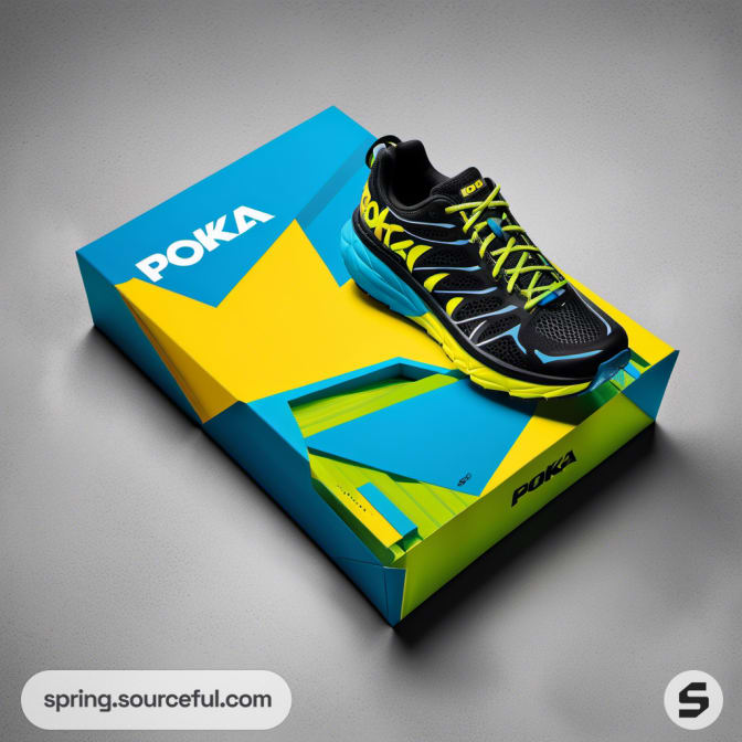 Black and neon green shoe on a vibrant blue, yellow, and green box.